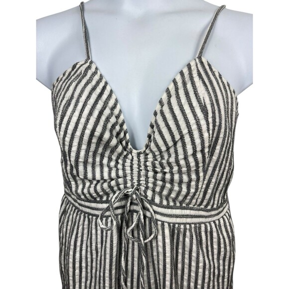 American Eagle Gray White Striped Rouched Bow Deep V-neck Textured Romper XL - Picture 2 of 15